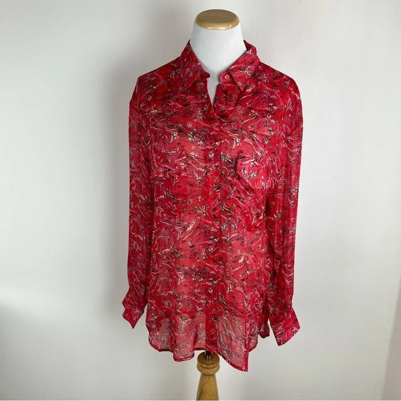 Iro Printed Button Down Shirt Top Red Size 36 US 4 B17 - Picture 3 of 11
